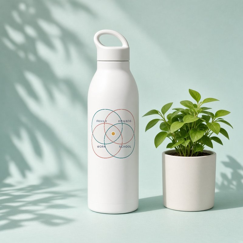 A white stainless steel water bottle with the four Where Is My Dot? circles.