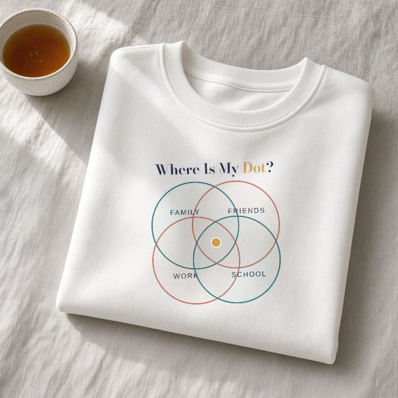A white crewneck sweatshirt with the Where Is My Dot? four-circle design.