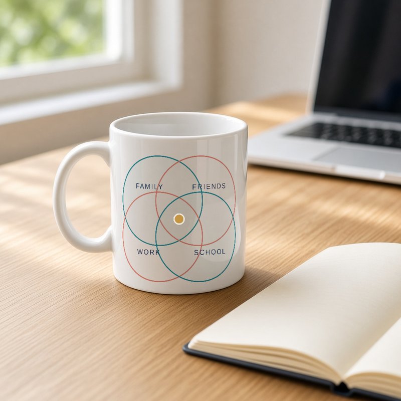 Side of a white mug showing the four Where Is My Dot? circles with the gold dot in the middle.
