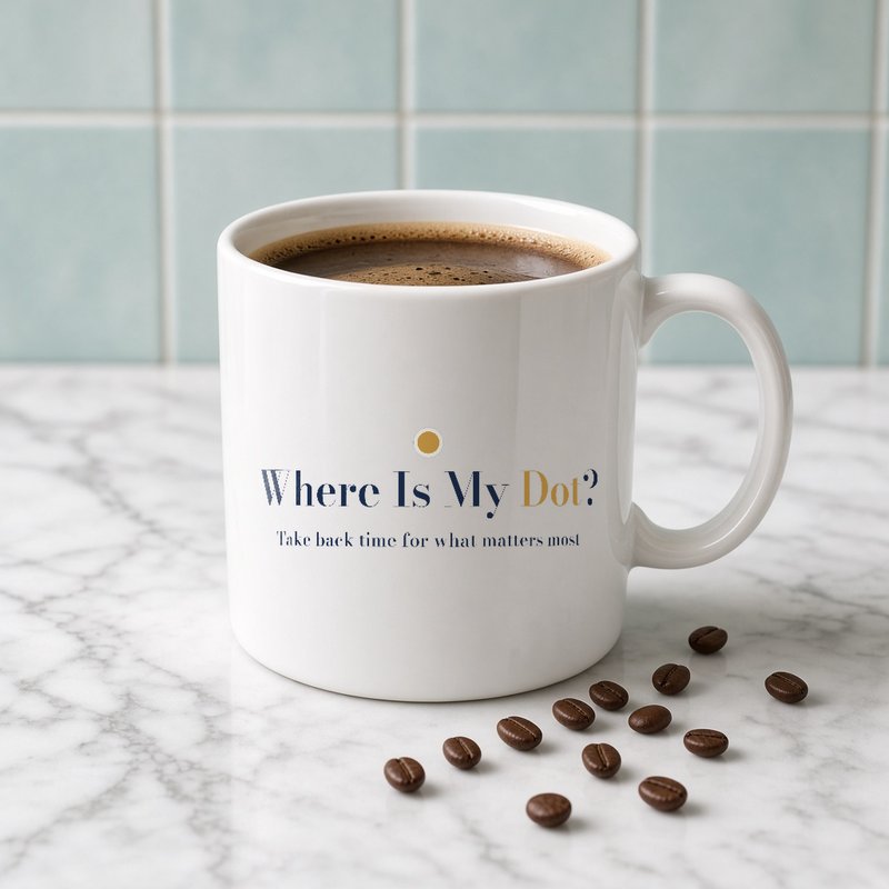 Other side of a white mug with the words Where Is My Dot? and Take back time for what matters most.