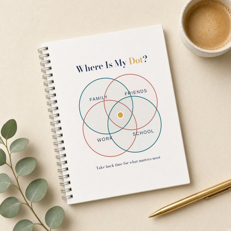 A spiral notebook with the Where Is My Dot? design on the cover.