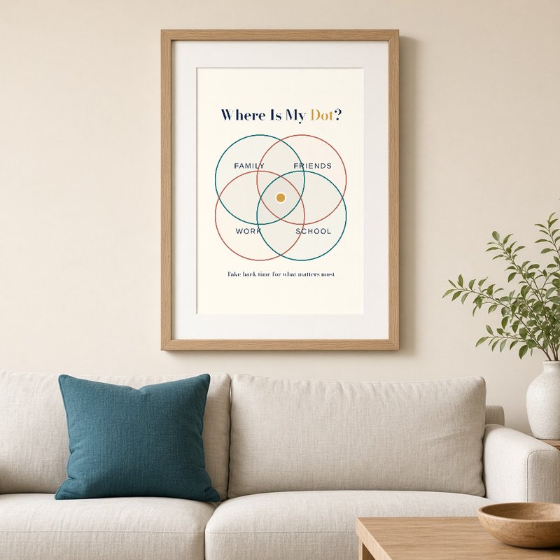 A poster of the Where Is My Dot? design with four glass circles and the gold dot.
