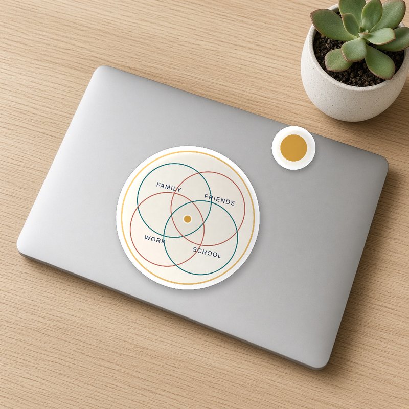 A round Where Is My Dot? sticker with the four circles and the gold dot.