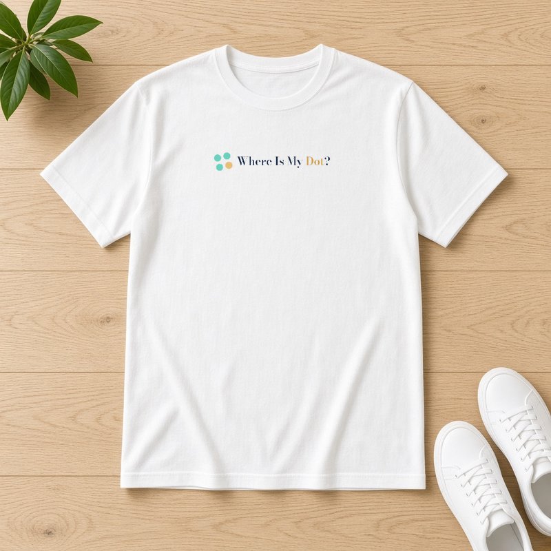 Front of a white t-shirt with a small Where Is My Dot? logo on the chest.