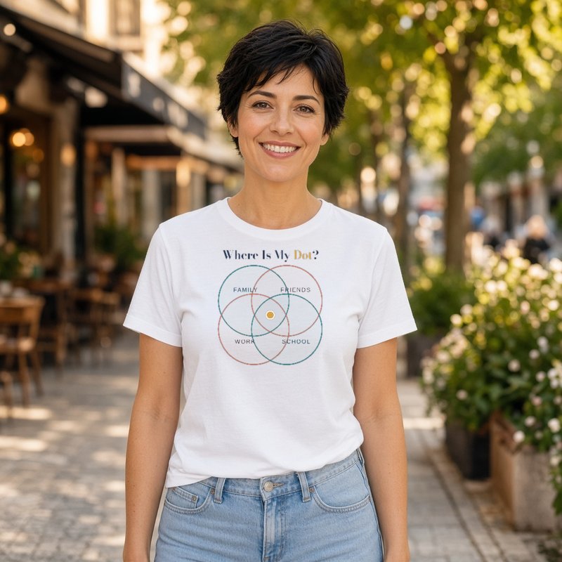 A person wearing the Where Is My Dot? t-shirt.