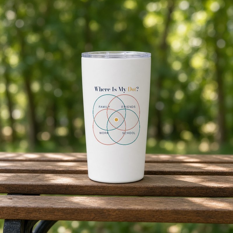A white stainless steel tumbler with the four Where Is My Dot? circles.